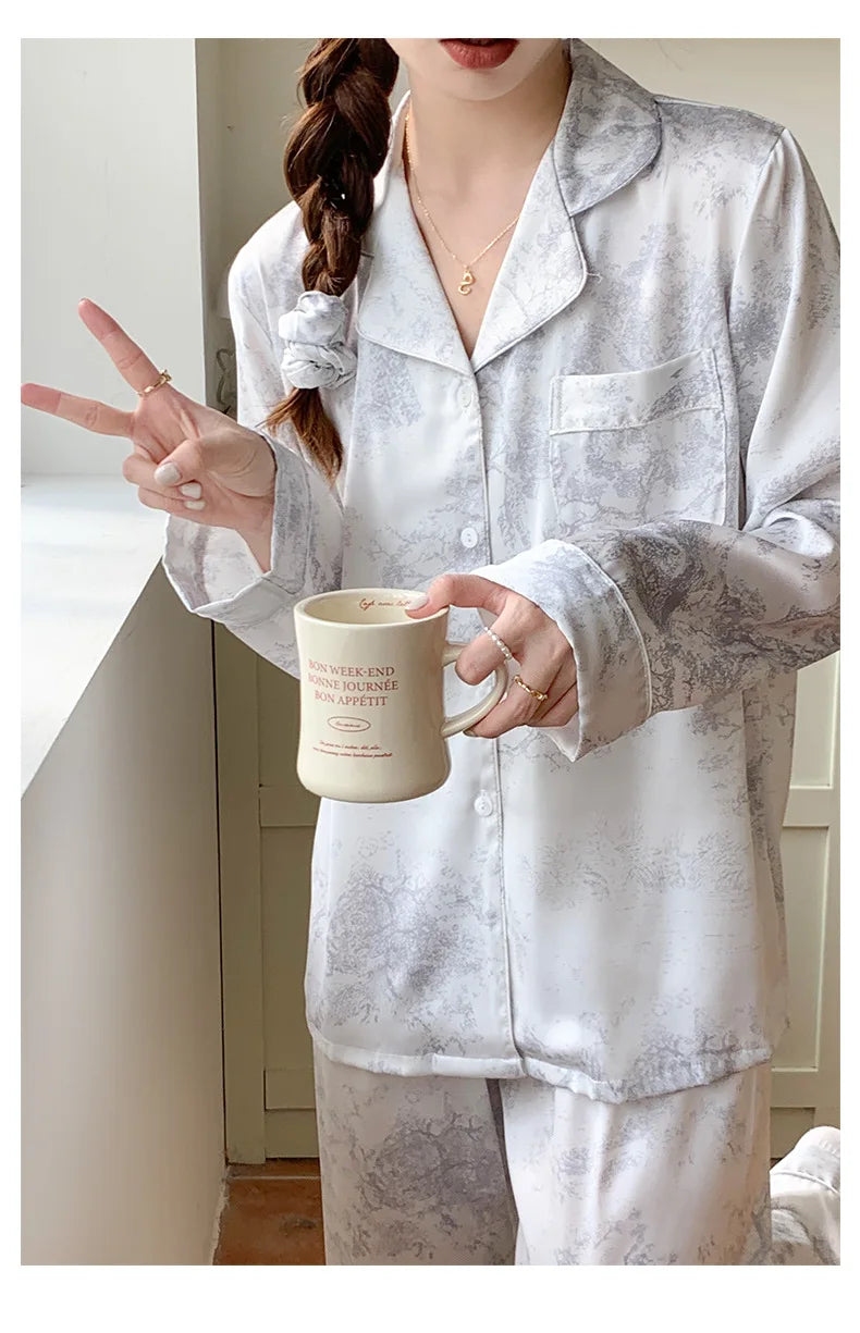 Women Sleepwear 2PCS Pajamas Set Sexy Print Flower Long Sleeve Trouser Suits Loungewear Loose Casual Satin Home Clothes Pyjama