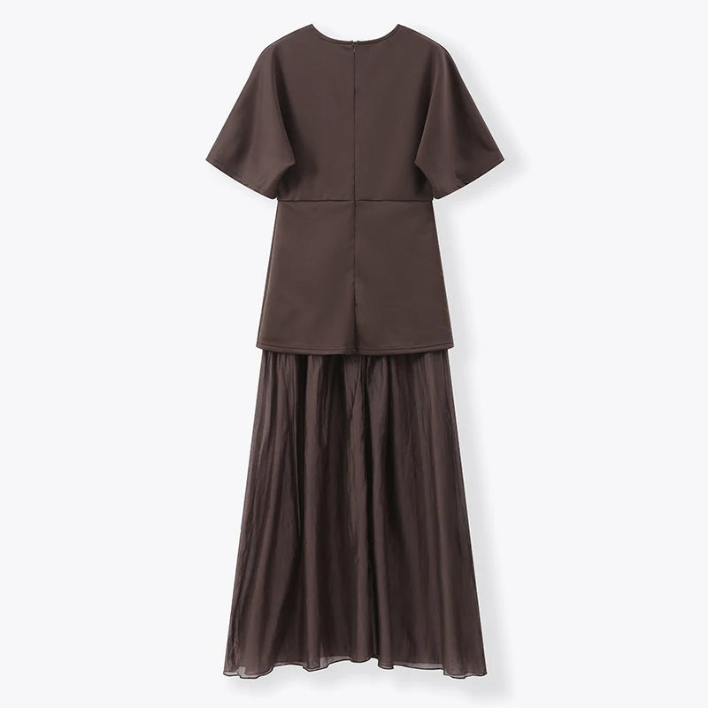Chic Splicing Brown Half Sleeve Maxi Dress Women's Casual Pleated A-line Slim Vestidos Female Office Commute Street Robes