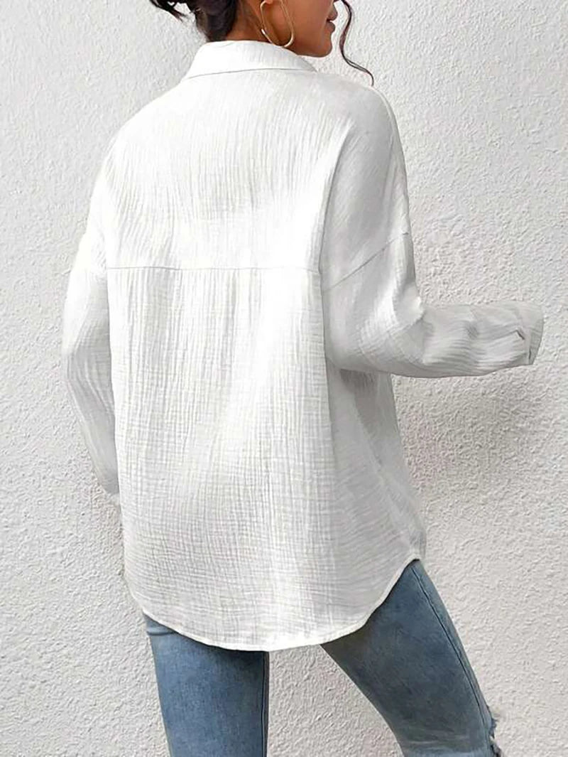 100% Cotton Gauze Muslin Women Shirts Casual Turn Down Collar Long Sleeve Top Office Lady Elegant Blouses for Women Blusas