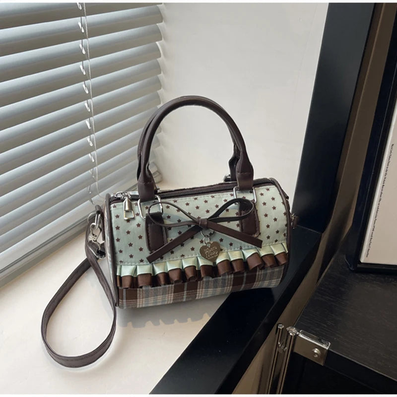 Korean Bow Pillow Bag Women Star Checkered Handbag Blue Brown Pleated Edge Shoulder Bag Cute Heart-shaped Pendant Crossbody Bag