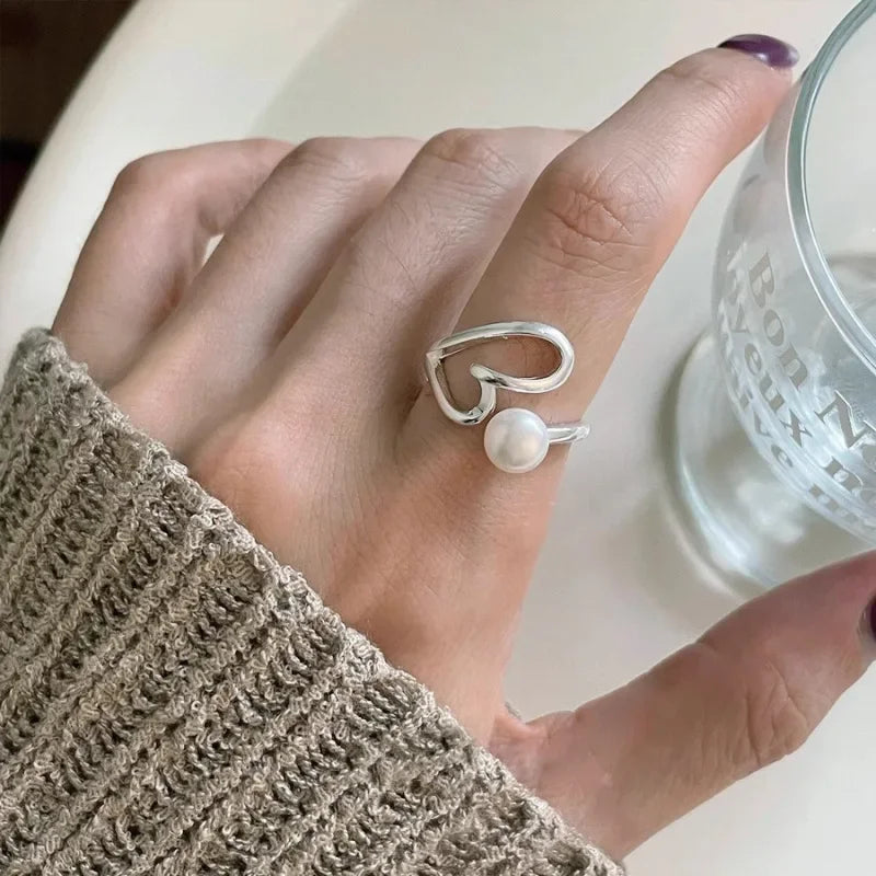 PANJBJ 925 Sterling Silver Pearl Irregular Ring for Women Shell Overlapping Hollow Sweet Design Jewelry Gift Dropshipping