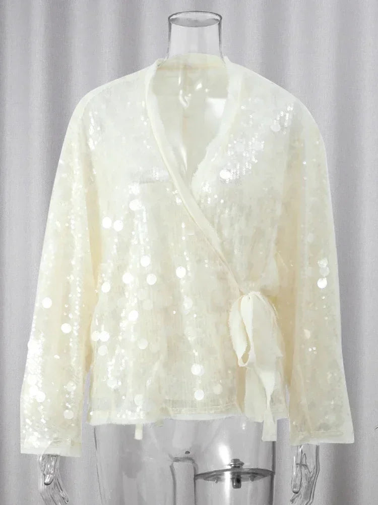 Fashion Women Sequined Lace Up Looseen Shirt Casual Female Long Sleeves V Neck Blouse 2025 Chic Female Spring Commute Streetwear