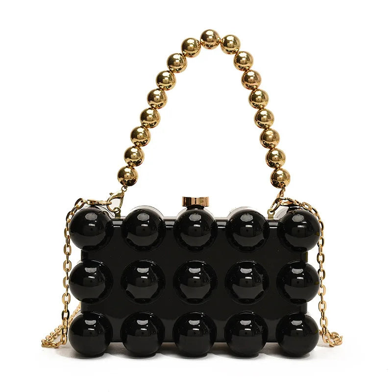 Gold Beaded Chain Banquet Purse Luxury Acrylic Cake Box Bag Women Niche Design Creative High-end Brand Elegant Shoulder Handbag