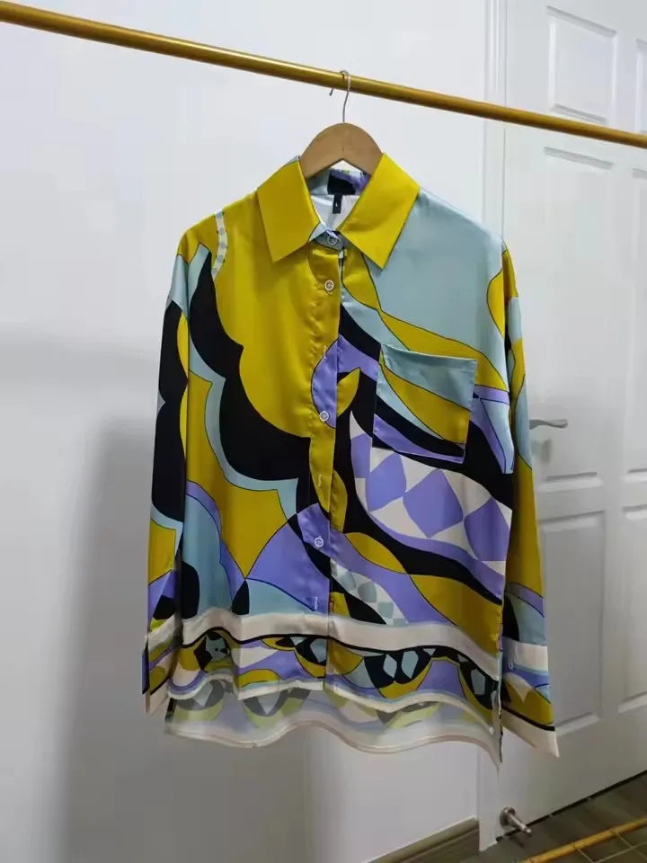 Print Women's Pajama Set Oversize Green Ladies Summer Sleepwear Trouser Suit Long Sleeve Vintage