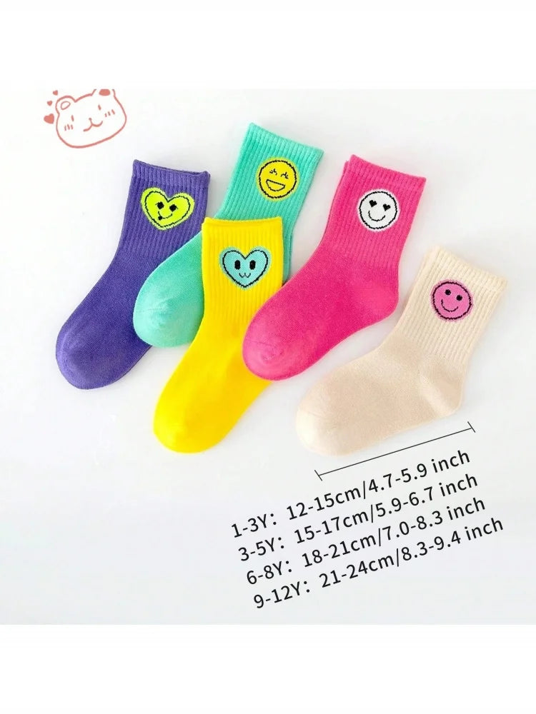 5 Pairs of New Four-Season Children's Socks with Smiley Face Expressions for Boys and Girls, Mid-Calf and High-Calf Socks