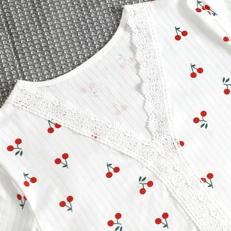 Women's Pajamas Set Cherry Print Lace Trim Sleepwear Short Sleeve V-Neck Top & Shorts Summer 2 PCS Set Cute Homewear Loungewear