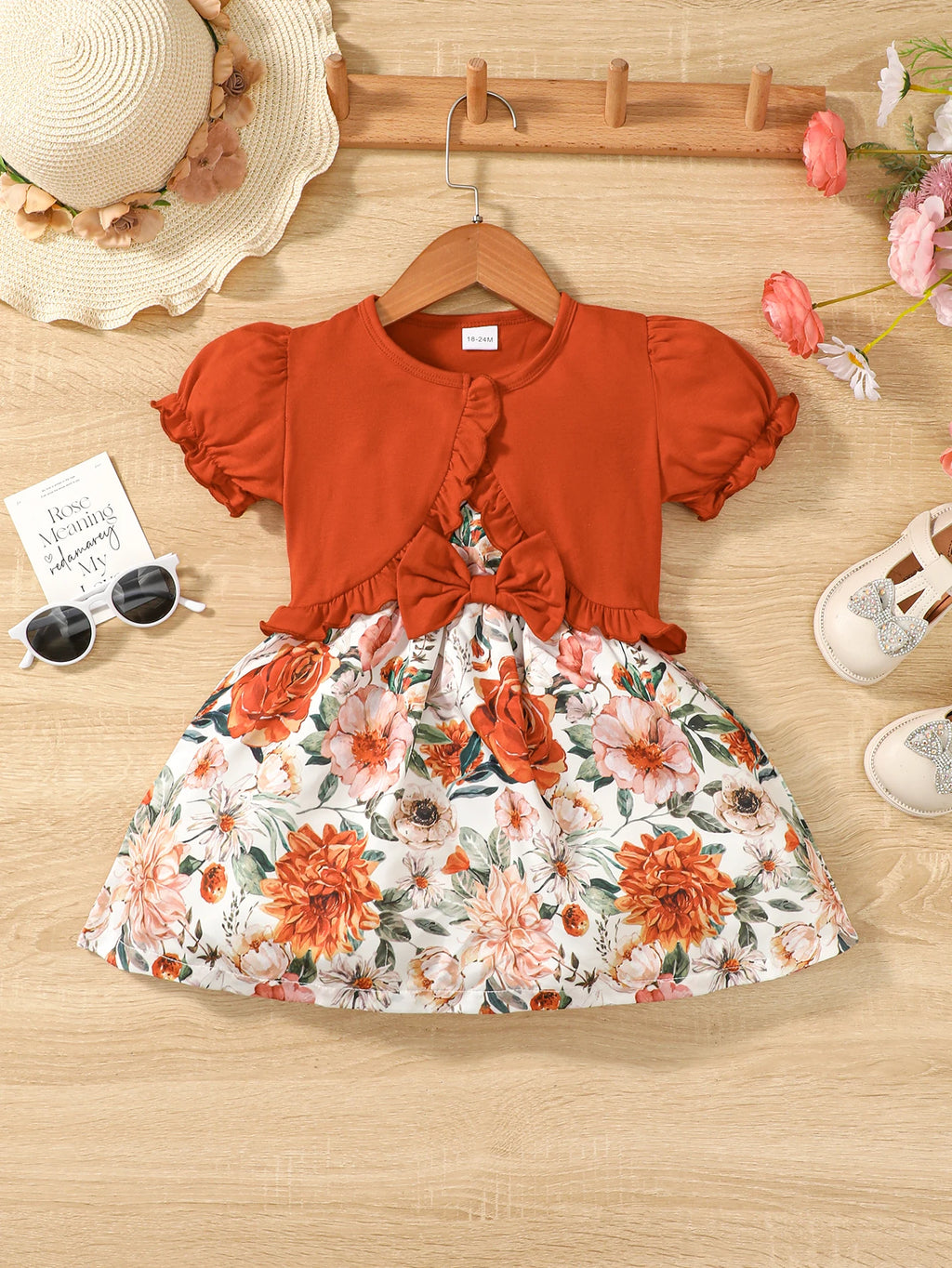 2PC Children's New Hanging Strap Flower Bow Skirt Bubble Sleeves Shawl Skirt Suitable for Girls Aged 1-6 Summer Fashion Dress