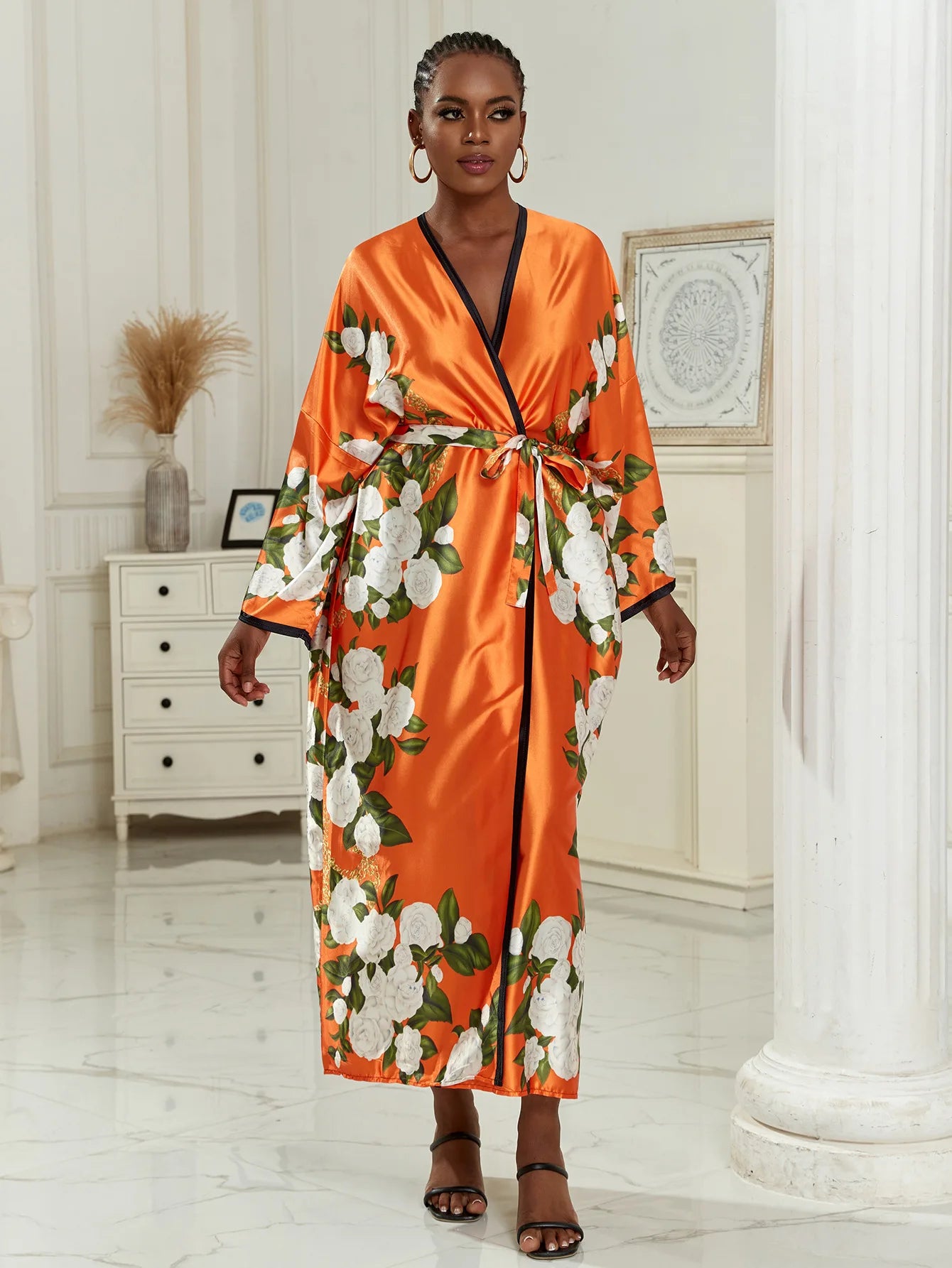 Long Kimono Bath Robe Gown Wide Sleeve Print Flower Robe Women Satin Nightgown New Silk Satin Nightdress V-Neck Lounge Sleepwear