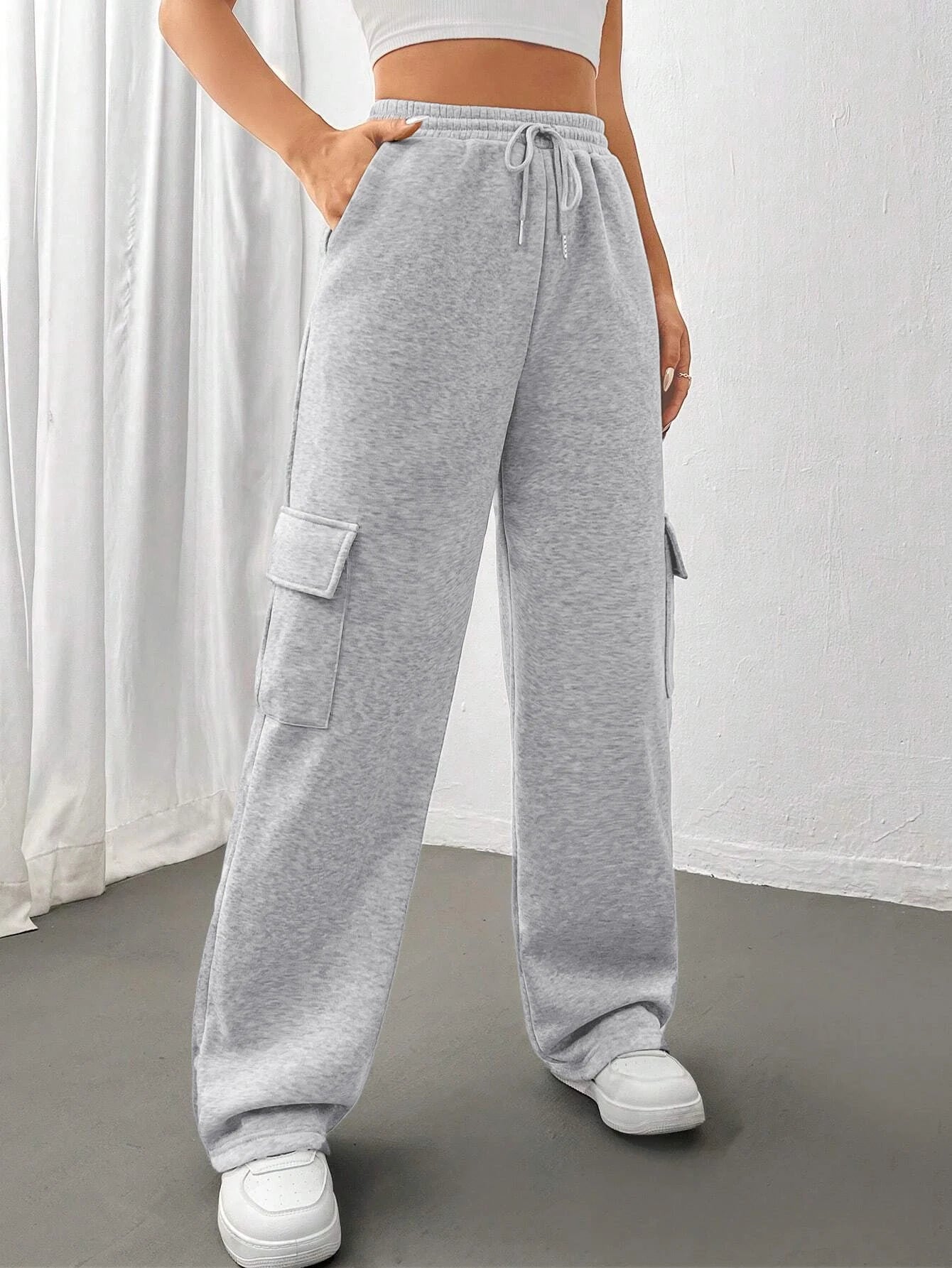Women's Solid Thermal Lined Pants, Casual Comfy Side Pocket Drawstring Trousers for Winter, Women's Bottoms for Sport Daily Wear