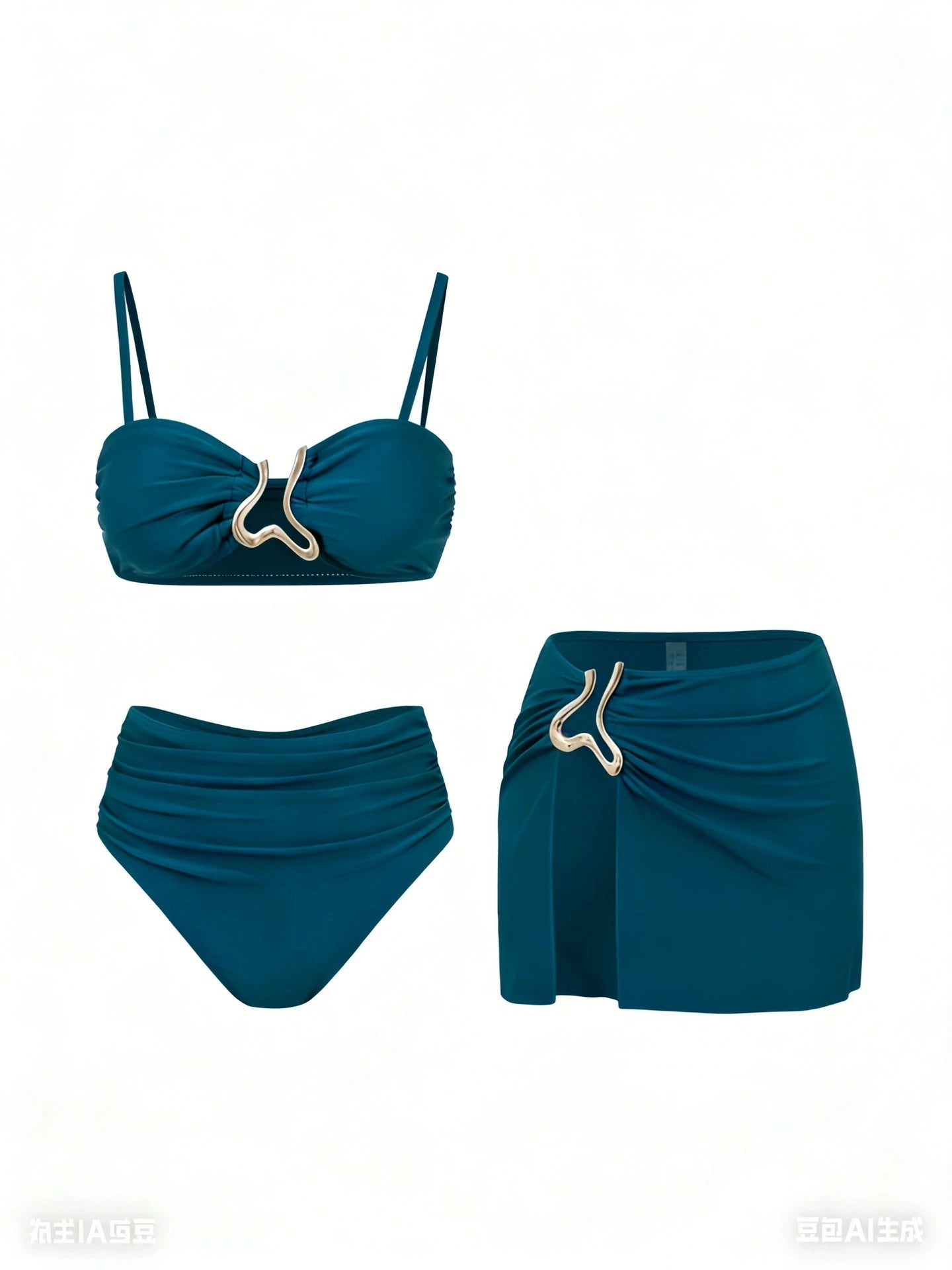 Sexy Detachable Shoulder Bikini Set Women Brown Metal Push Up High Waist Swimsuit Beach Bathing Suit Skirt 3 Piece Swimwear