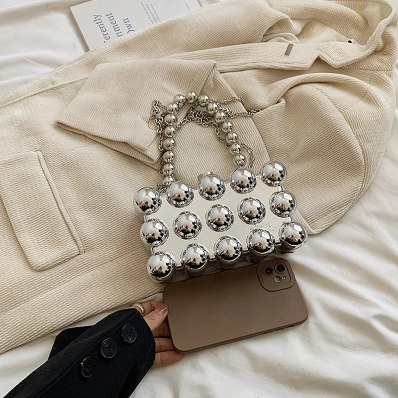 Gold Beaded Chain Banquet Purse Luxury Acrylic Cake Box Bag Women Niche Design Creative High-end Brand Elegant Shoulder Handbag