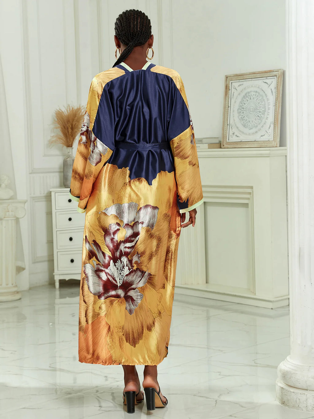 Long Kimono Bath Robe Gown Wide Sleeve Print Flower Robe Women Satin Nightgown New Silk Satin Nightdress V-Neck Lounge Sleepwear
