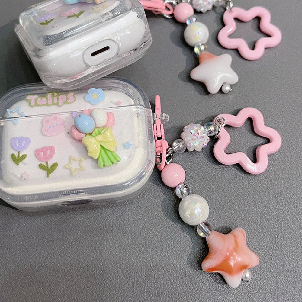 Gradient Color Star Beaded Keychain Imitation Pearl Acrylic Hollow Pentagram Keyring Girls Earphone Case Phone Decor Ornaments