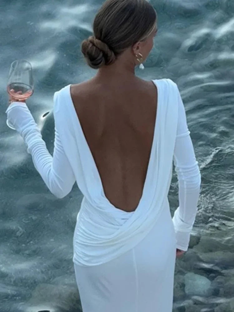 Chic Backless White Long Sleeved Slim Fit Dress for Women Pleated Elegant Round Neck Long Dresses New Female Evening Gowns