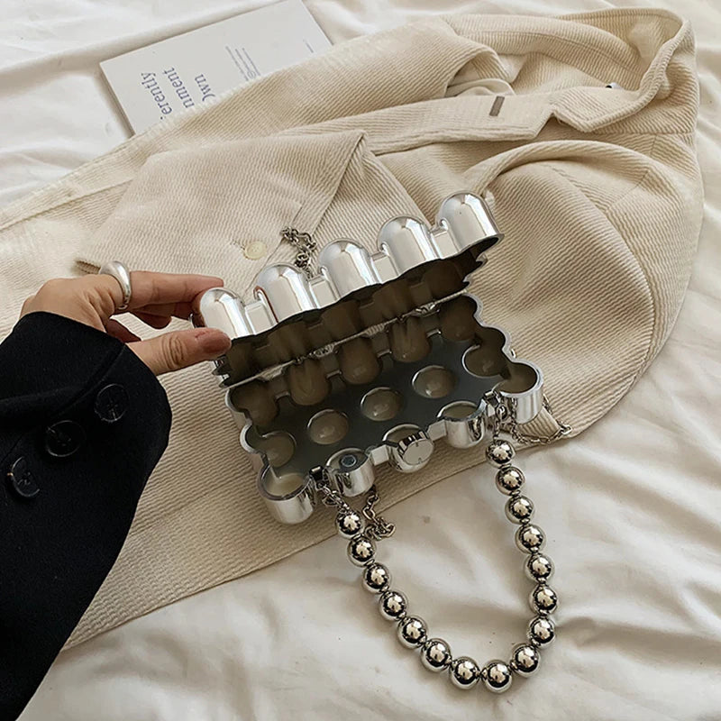 Gold Beaded Chain Banquet Purse Luxury Acrylic Cake Box Bag Women Niche Design Creative High-end Brand Elegant Shoulder Handbag