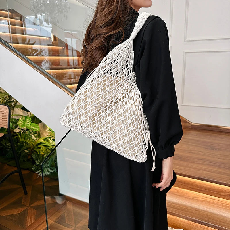 Summer Woven Bag for Women Handbags Handmade Knitted Beach Boho Shoulder Bag Large Tote Bag Hollow Out Shopping Bag