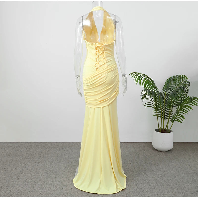 Sexy Yellow Mermaid Maxi Dress Halter Plunging V Neck Pleated Bust Ruched Waist Bodycon Dresses Trendy Social Gathering Vestido