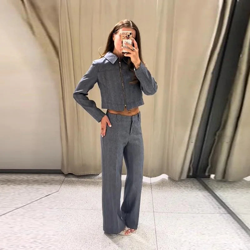 Casual Trousers Set Women Cotton Linen Lapel Zippers Crop Top Straight Pants Sets Lady 2026 Spring Solid Suit Woman Streetwear