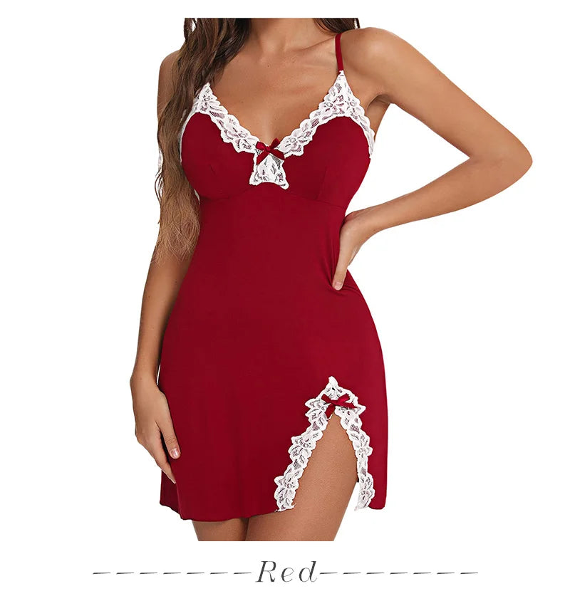 Sexy Summer Sleepwear Women Lace Silk Satin Night Deress Sleeveless V-Neck Split Hem Soft Lingerie Sleepwear Female Clothes