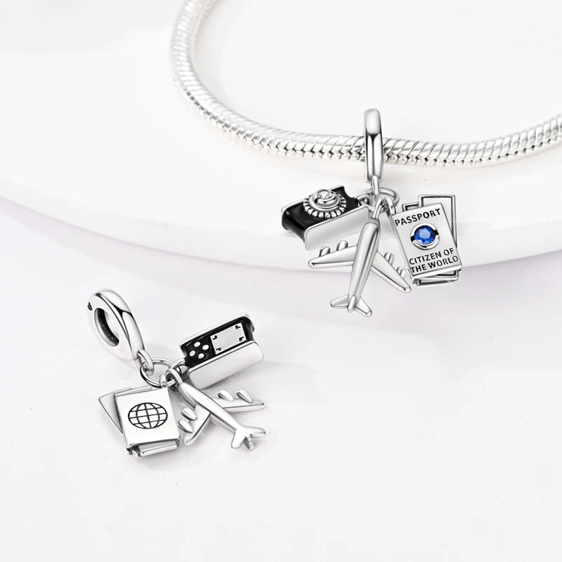 925 Sterling Silver Charms Bead Dangle Airplane Luggage Passport Travel Charms Fit Original Charms Bracelet Jewelry Gift