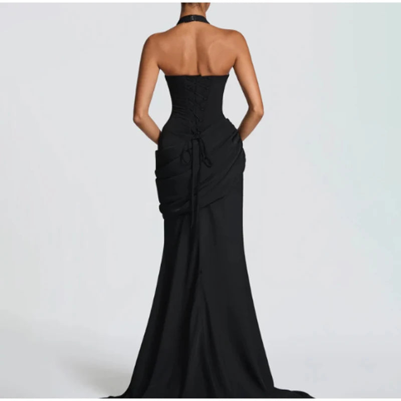 Sexy Yellow Mermaid Maxi Dress Halter Plunging V Neck Pleated Bust Ruched Waist Bodycon Dresses Trendy Social Gathering Vestido