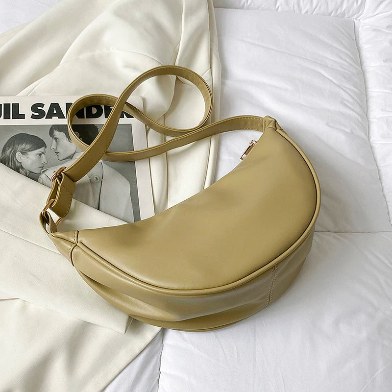 Half Moon Small PU Leather Zipper Crossbody Bags For Women Solid Color Shoulder Handbags 2025 Trends Winter Luxury Brand