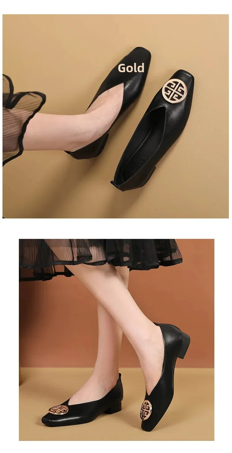 New 2025 Chinese Style Green Square Head Grandma Shoes Women's Thick Heel Slip-On Soft Bottom Mom Shoes Synthetic Upper
