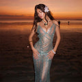 Sexy See Through Blue Sequin Dress For Woman Beautiful Sleeveless Backless V-neck Shiny Sheer Swimsuit Slim Fish Tail Vestidos