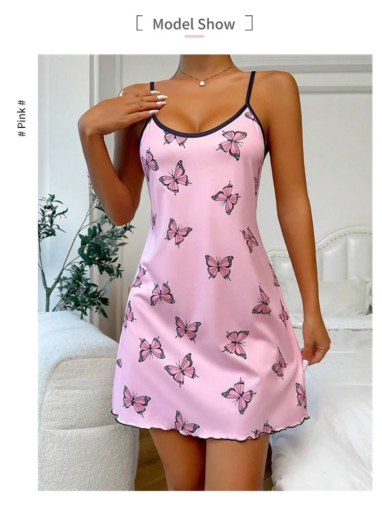 Women's Sleepwear Butterfly Print Lettuce Trim Nightdress Casual Round Neck Backless Mini Slip Dress Soft Comfortable Nightwear