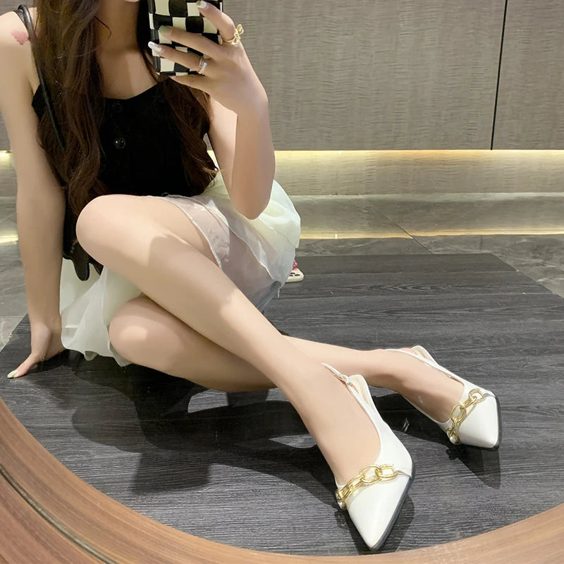 Summer Women Sandals Elegant Versatile Women High Heels Party Wedding Fashion Point-toe Ladies Causal Dresses Shoes Metal Chain