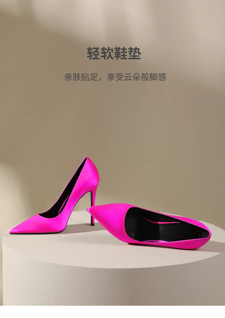 Rose red satin high heels, women's slim heels,2025new style,temperament goddess Fan Mingyuan, shallow mouth pointed single shoes
