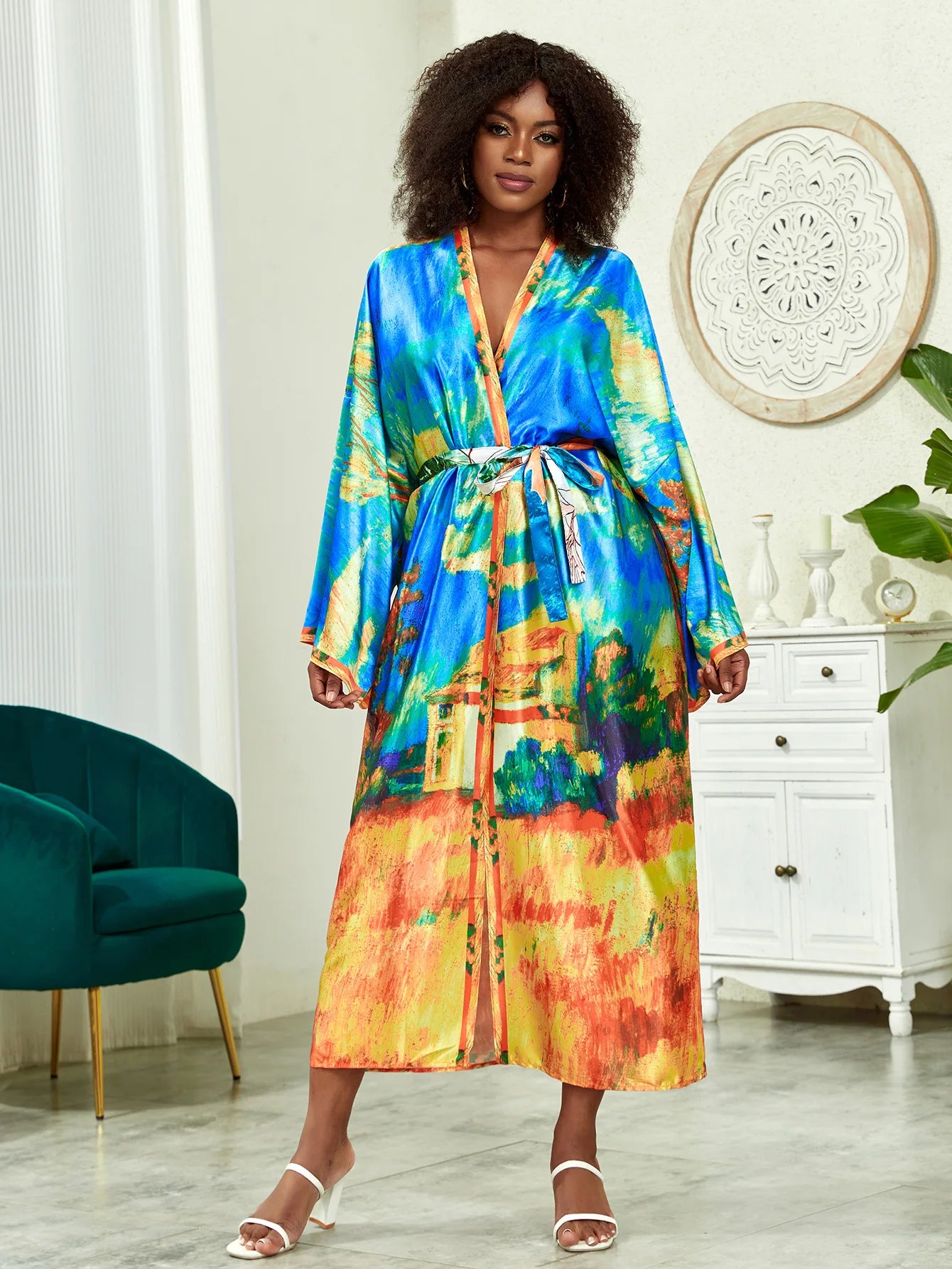 Long Kimono Bath Robe Gown Wide Sleeve Print Flower Robe Women Satin Nightgown New Silk Satin Nightdress V-Neck Lounge Sleepwear