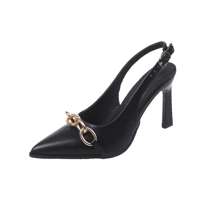 Summer Women Sandals Elegant Versatile Women High Heels Party Wedding Fashion Point-toe Ladies Causal Dresses Shoes Metal Chain