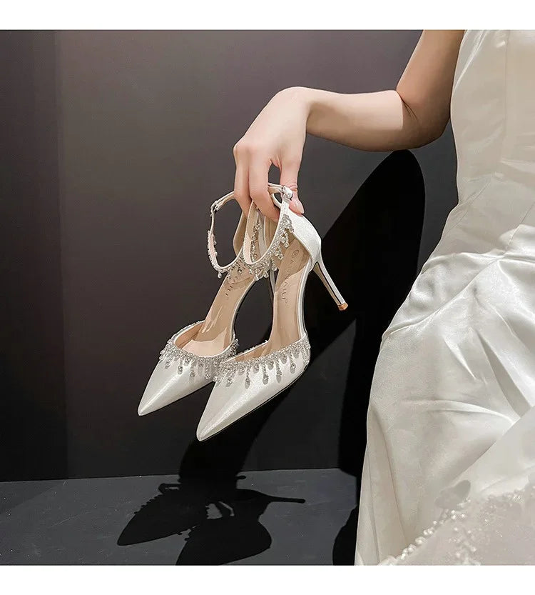 Comemore White Wedding Bridesmaid Shoes Satin Fashion Rhinestone Fringe Chain High Heels Black Temperament Elegance Pumps