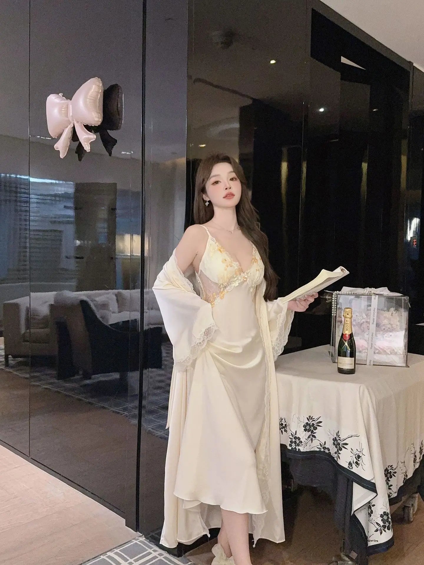 Patchwork Lace Female Long Twinset Robe Set Sexy Lingerie Nightgown Home Dress Elegant Ice Silk Kimono Gown Bathrobe Sleepwear