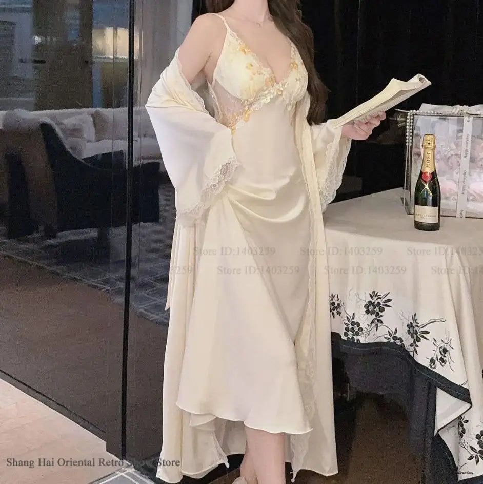 Patchwork Lace Female Long Twinset Robe Set Sexy Lingerie Nightgown Home Dress Elegant Ice Silk Kimono Gown Bathrobe Sleepwear