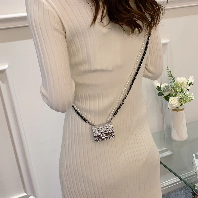 Mini Metal Shoulder Bags for Women Pearl Chain Crossbody Bag Designer Clothing Accessories Satchel Female Decorative Box Handbag