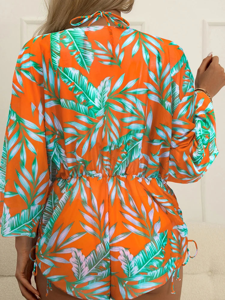 New 3 Piece Bikini Set Plus Size Swimsuit Women Long Sleeve Cover Up Print Halter Swimwear Beach Wear Sexy Bathing Suit 3XL
