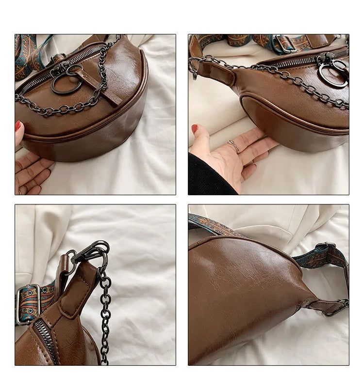 Fashion Saddle Waist Bag Fanny pack Luxury Leather Female Belt Bags Chain Handbag Purse Woman Retro Shoulder Crossbody Chest Bag