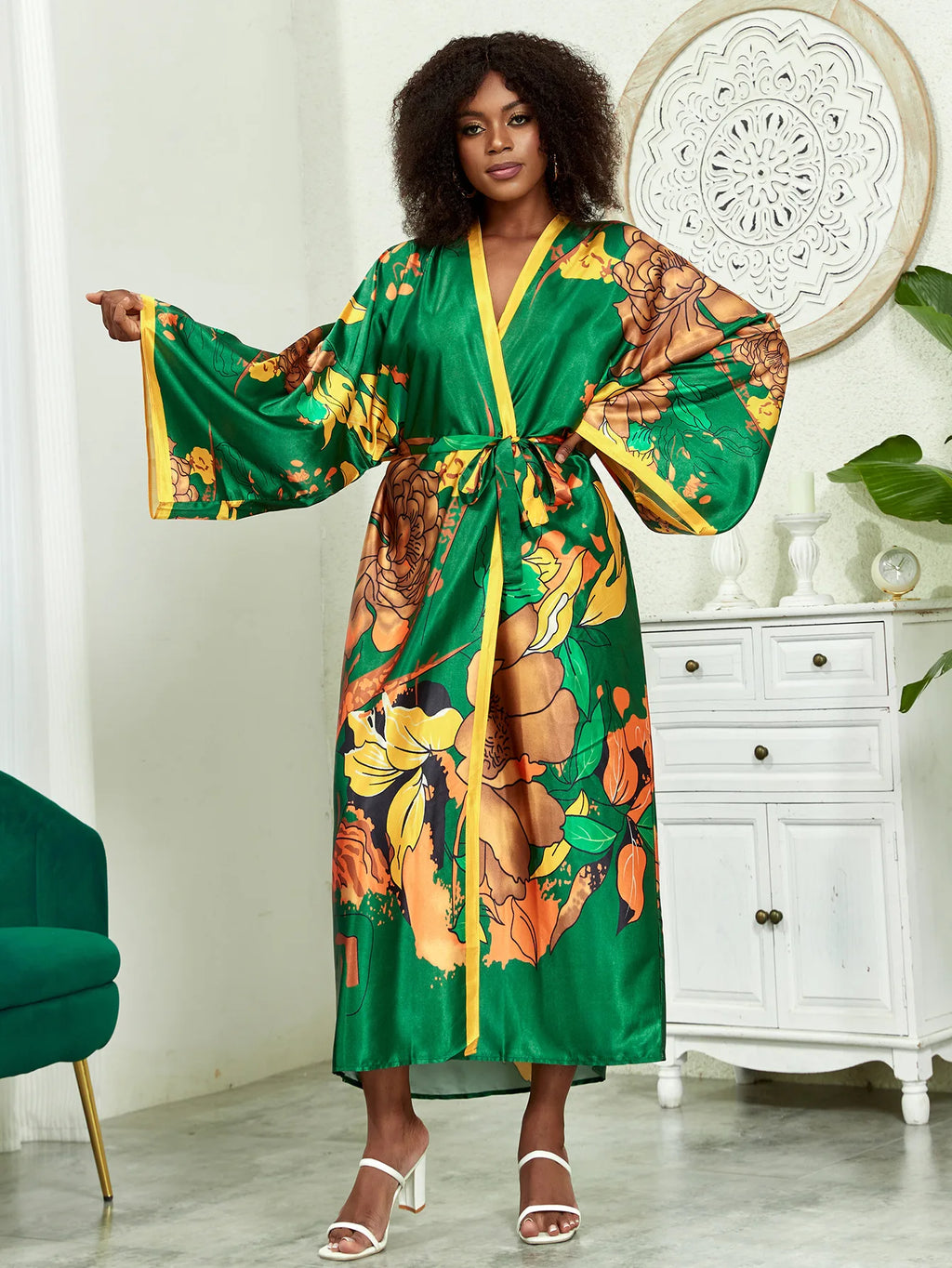 Long Kimono Bath Robe Gown Wide Sleeve Print Flower Robe Women Satin Nightgown New Silk Satin Nightdress V-Neck Lounge Sleepwear