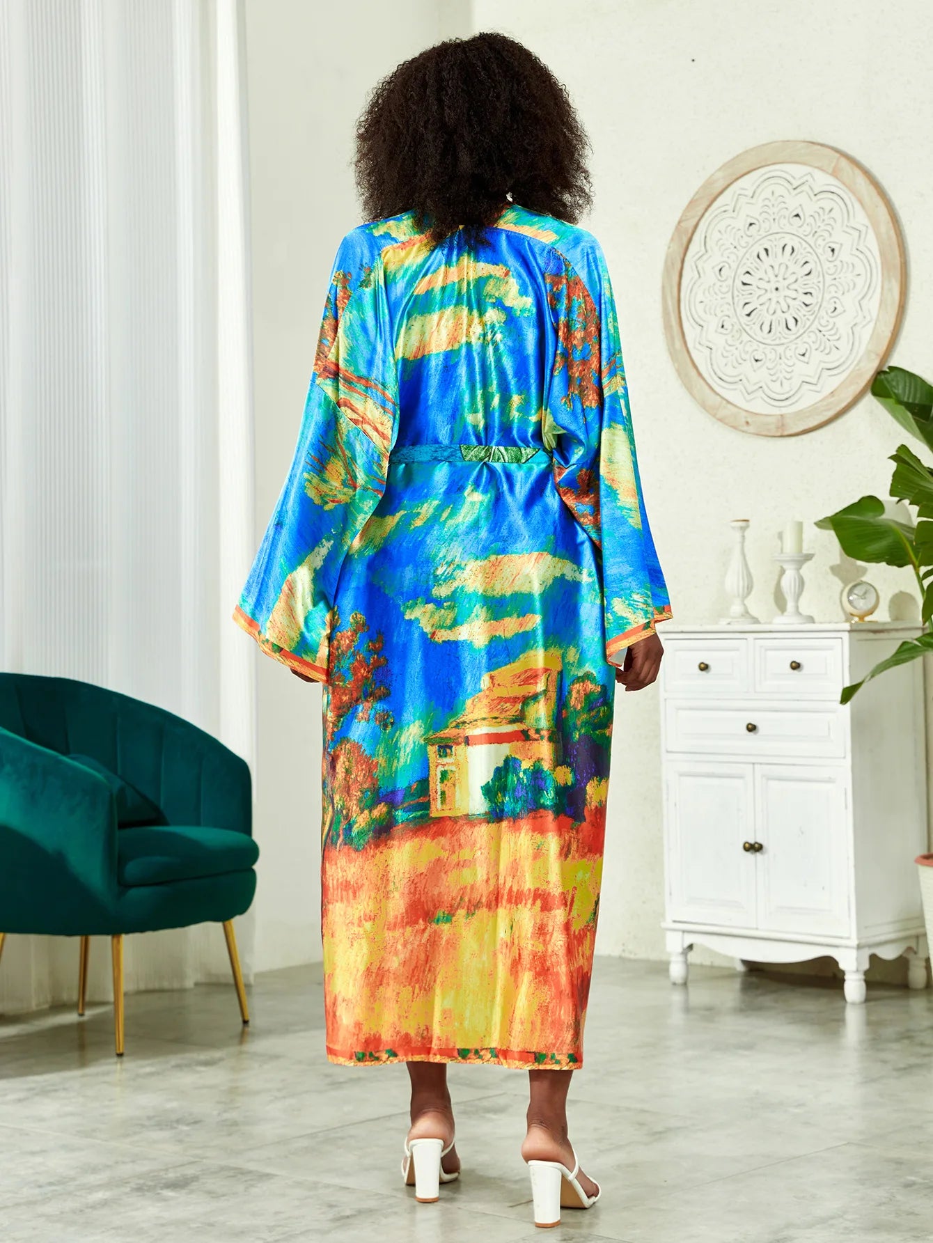 Long Kimono Bath Robe Gown Wide Sleeve Print Flower Robe Women Satin Nightgown New Silk Satin Nightdress V-Neck Lounge Sleepwear