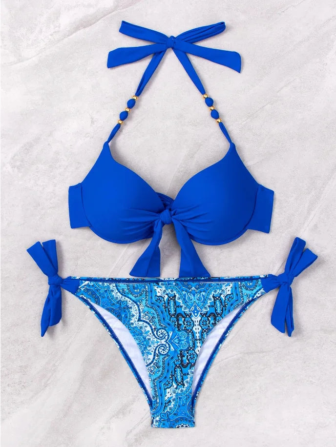 Push Up Halter Bikini Printed Swimsuit Women Sexy Strappy Swimwear Female Bathers Bathing Swimming Swim Suit Beachwear