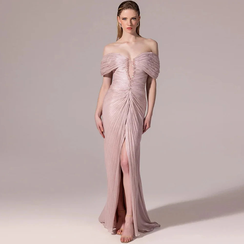 Fashion Lace Up Back Party Gowns Customized Evening Dresses High Quality Off the Shoulder Front Slit Homecoming Dresses