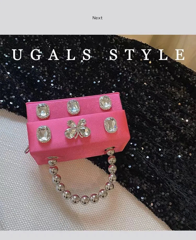 Luxury Designer Satin Square Box Crystal Shiny Diamonds Evening Bag Women's Handbag Wedding Party Clutch Purse Crossbody Bag