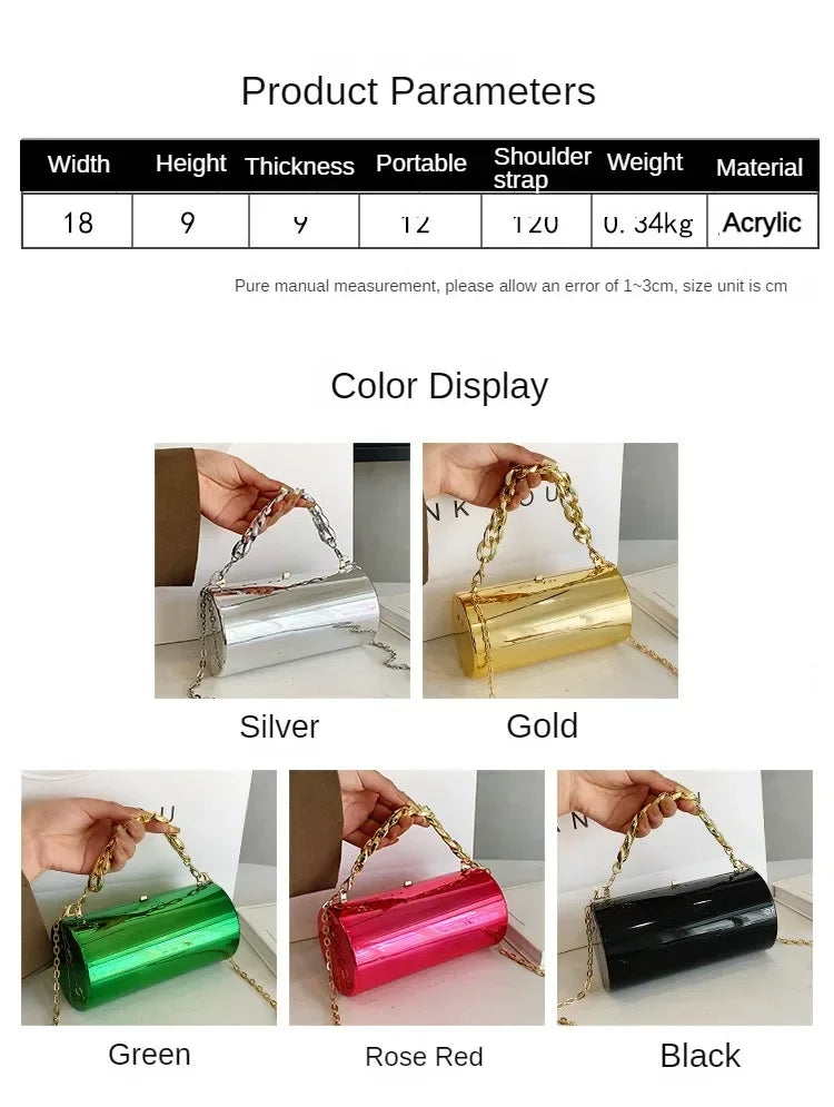 Women's Handbag Bags For Women 2026 Party Clutches Fashion Cylinder Mini Evening Purse Crossbody Shoulder Bag Gold Box Clutch