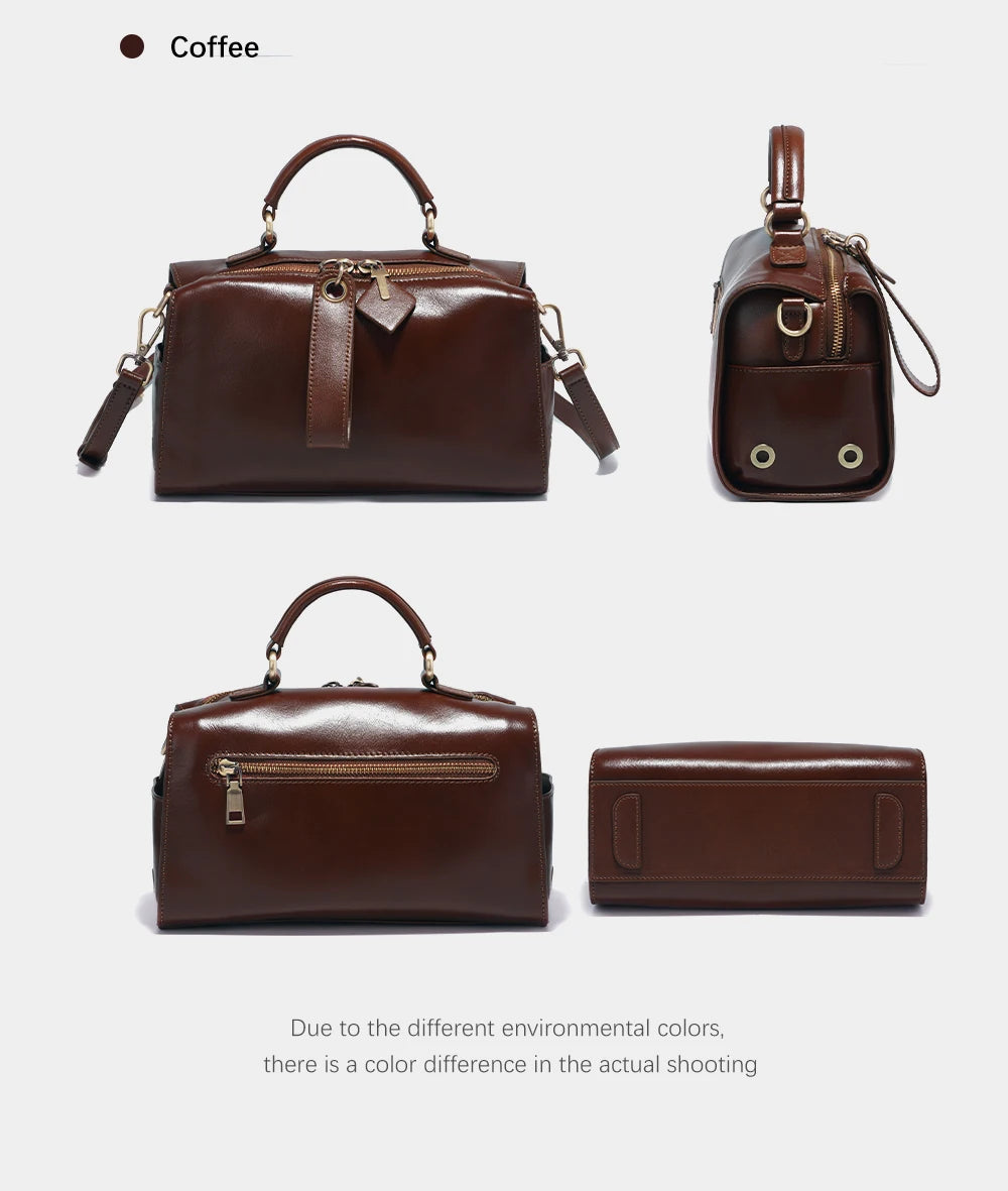 Zency Oil Wax Leather Vintage Green Handbag Women Shoulder Bag Satchel Black Wave Pattern Wide Strap Classic Boston Bag Purse