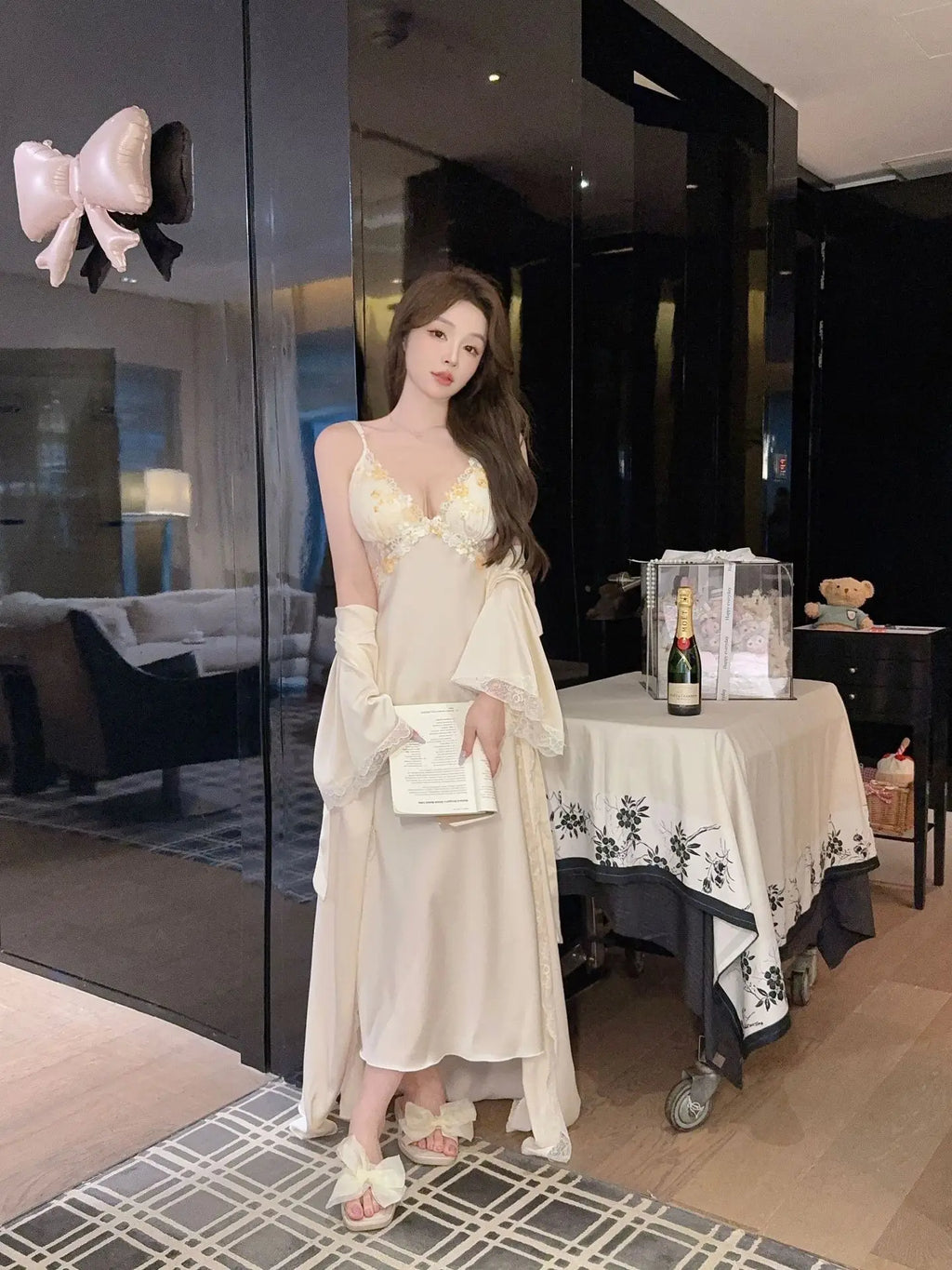 Patchwork Lace Female Long Twinset Robe Set Sexy Lingerie Nightgown Home Dress Elegant Ice Silk Kimono Gown Bathrobe Sleepwear