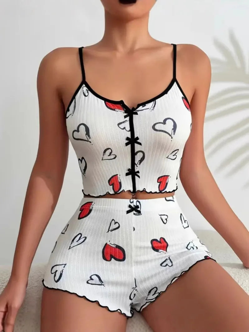 Sexy Sleepwear Women Pajamas Set Heart Print Silk Stain V-Neck Sleeveless Casual Cami Top and Shorts Sets Home Suit Loungewear