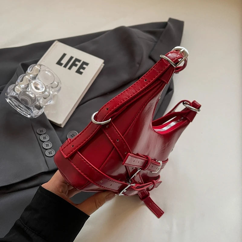LEFTSIDE Belt Design Small PU Leather Shoulder Bags for Women 2025 Y2K Korean Fashion Crossbody Bag Lady Red Handbags and Purses