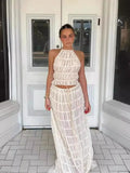 Summer new sexy halter top with exposed back and camisole, pleated lace vest, long skirt set